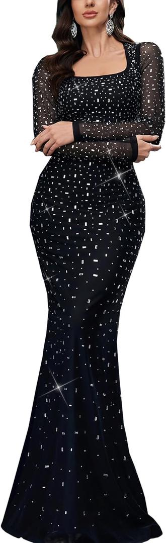 Women's Formal Evening Gown Elegant Rhinestone Long Prom Dress Wedding Guest Party Cocktail Bridesmaid Maxi Dress (Large, Black)