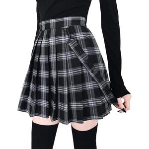 chouyatou Women's Cool Sweet A-Line Decorative Strap Plaid Pleated Mini Skirt (X-Large, Black)