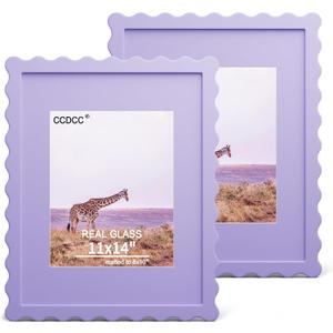 11x14 Picture Frame with Real Glass, Wooden Wavy Photo Frame with 8x10 Mat for Tabletop and Wall Hanging, Purple, 2 Pack