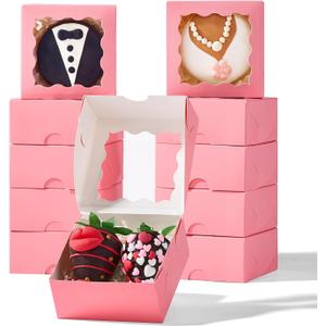 RomanticBaking 3 " x 3 " x 1 " 50PCS Chocolate Truffle Boxes for 4Cookies Boxes Soap Boxes Donut Boxes Macaron Boxes Mini Bakery Boxes with Window Brownie Box (Pink)