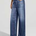 EUYZOU Womens Wide Leg Trendy Jeans Terry Look Like Denim High Waisted Baggy Loose Pants with Pocket (Blue)