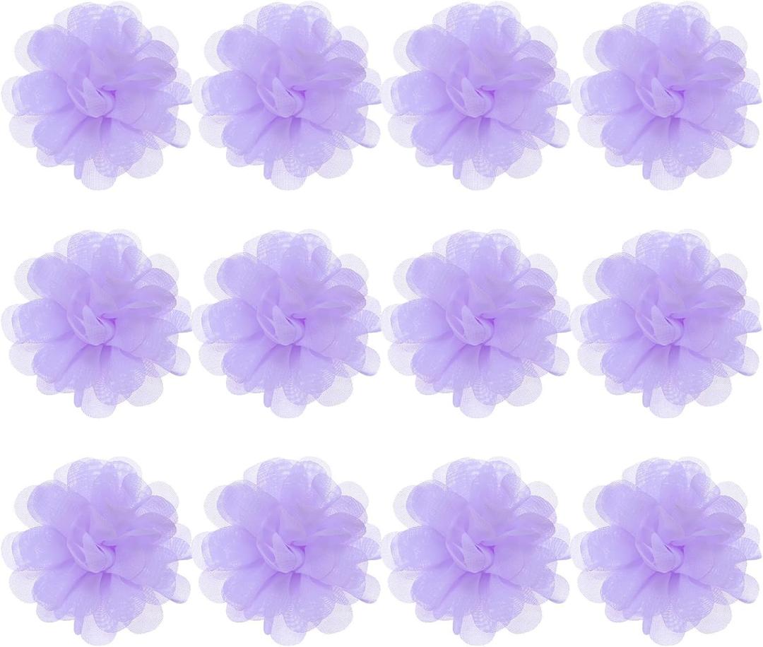 M METERXITY 12-Pack Lilac Chiffon Flowers, 2.76 x 2.76 Inch, Artificial, Indoor, Elegant Decorative, Round, Fabric Construction, Versatile Attachment