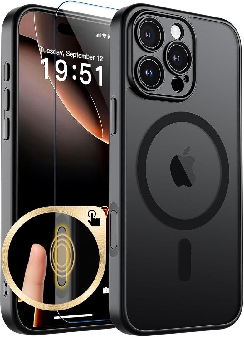 SUPFINE Magnetic for iPhone 16 Pro Max Case with Camera Control Button,[Full Camera Protection][1+Tempered Glass Screen Protector] Slim Translucent Matte Shockproof Phone Cover,Black