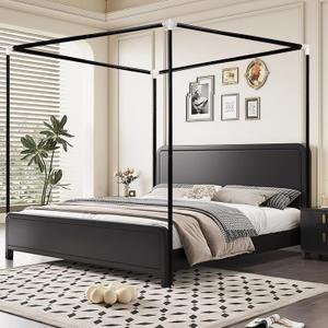 Stainless Steel Canopy Bed Frame Queen Size, Sturdy Post Poles Thicken Queen Size Canopy Frame for Metal Bed Wood Bed Bedroom Decor, Black (Black-plastic Connectors)
