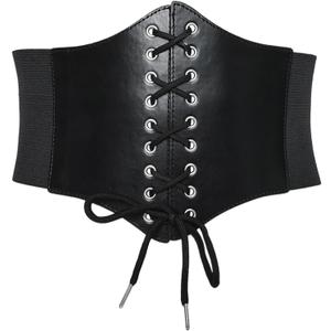 Black Corset Waist Belt for Women Elastic Lace up Renaissance Pirate Accessories Tied Waspie Wide Belt for Halloween (Black)