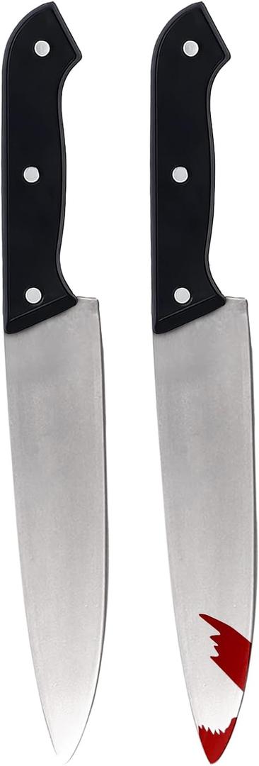 UQJE 2PC Fake Knife with Blood Halloween Butcher Silver Kitchen Knife Toy Horror Cosplay Prop (12", Style 1)