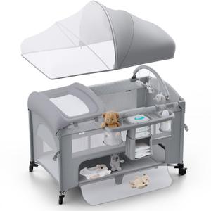Obee Odee 4 in 1 Baby Bassinet, Pack and Play, Bedside Crib Sleeper, Diaper Changer - Comes with Mattress, Mosquito Net，Bottom Storage and Toy Bar for Newborn to Toddles