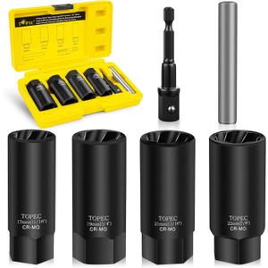 Topec 6PCS Deep Lug Nut Removal Tool, 1/2" Drive Lug Nut Extractor Set, 17,19,21,22MM Wheel Lock Removal Kit, Spark Plug Extractor Socket Set for Stripped, Rounded, Damaged Bolts & Studs