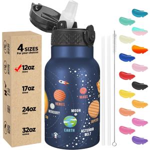 Han's Bottle Kids Water Bottle with Straw Lid - Insulated Stainless Steel Reusable Tumbler for Girls, Boys, Thermo Mug, 12oz,Space Planet