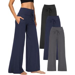 Showitty 1/3 Pack Women's Wide Leg Pants with Pockets, Casual Loose Pajama Palazzo Trousers Sweatpants for Yoga Lounge (X-Large, 01 Black, Dark Grey, Navy Blue)