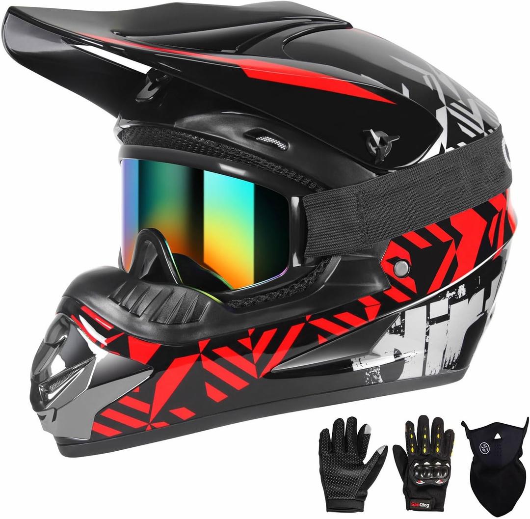 SPARK DOT Youth Motocross Helmet Kids Dirt Bike Helmets - Full Face, Lightweight & Breathable for Off-Road E-Bike BMX MX ATV (with Gloves Goggles Mask) 4Pcs Set, Medium(57-58cm), Red