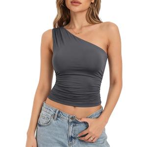 SUUKSESS Women Double Lined Going Out Trendy Crop Tops Ruched Sleeveless Shirts (Gray, S)