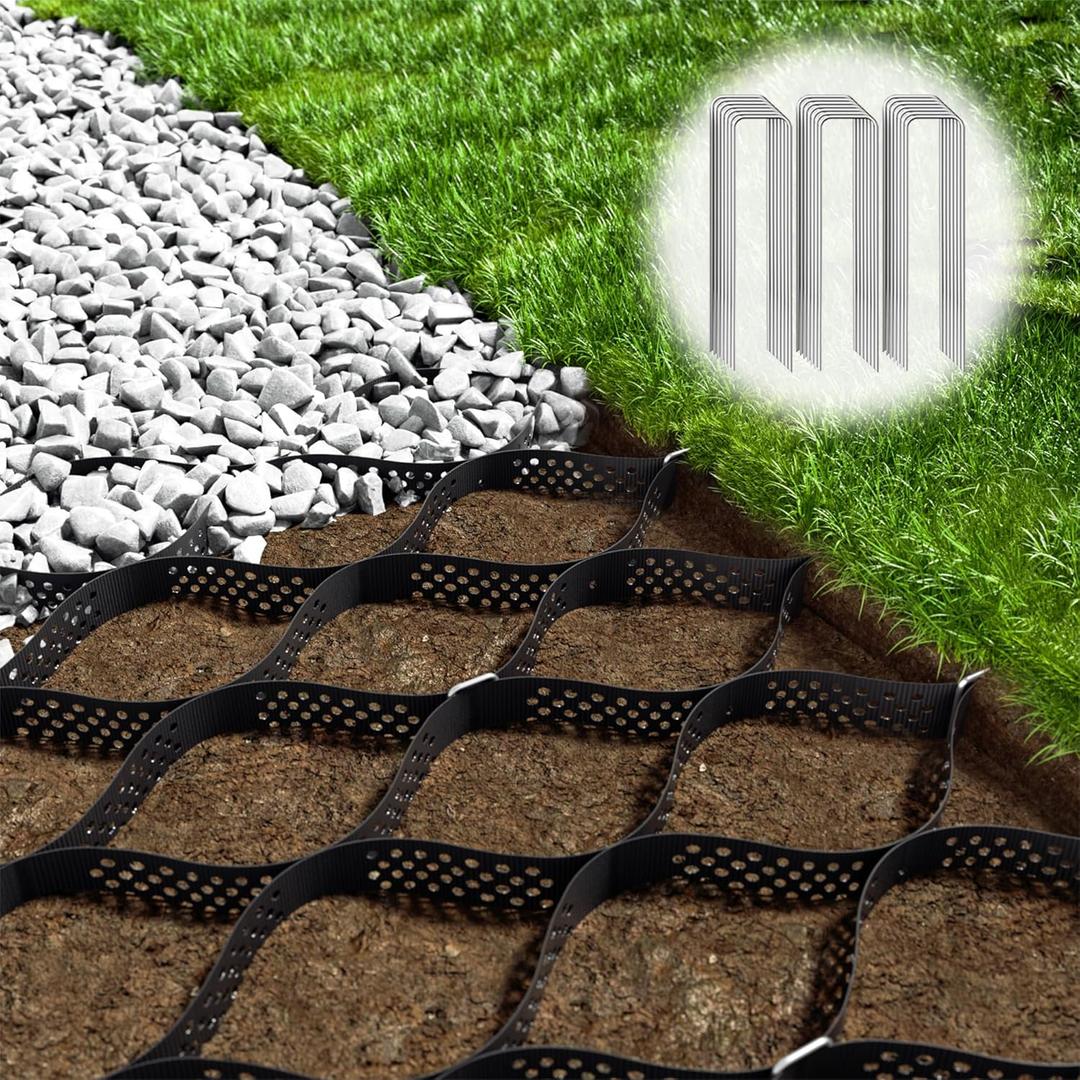 Gravel Grid 4.4x33 FT with 20Pcs Landscape Staples, 2'' Thick Geogrid Ground Grid 2200 lbs per Sq Ft Erosion Control Geo Grid for Driveway, Walkway, Horse Paddock, Patio, Parking Lot, Slope