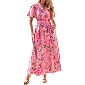 KIRUNDO Women Spring Summer Wedding Guest Boho Floral Maxi Dress Puff Sleeve Button Shirt V Neck Flowy Beach Vacation Dress(Pink, Small) (S)