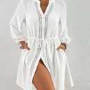 Bsubseach Swimsuit Coverup for Women V Neck Bathing Suit Cover Up with Pocket Drawstring Button Down Beach Shirt Dresses (White, S)