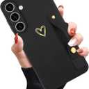 Compatible with Samsung Galaxy S25 Case for Women Girls, Cute Gold Love Heart Pattern with Wrist Hand Holder Stand Slim Soft Silicone Kickstand Protection Cover (Black)