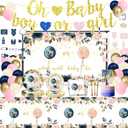168 Pcs Baby Gender Reveal Party Supplies Boy or Girl Tableware Includes Backdrop, Photo Booth Props, Banner, Plates, Balloons, Tablecloth for Gender Reveal Baby Shower Party Decorations