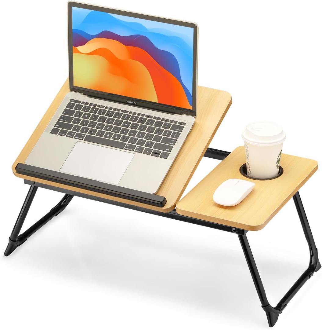 FISYOD Foldable Laptop Desk for Bed Couch, Adjustable Split Lap Desk with Cup Holder, Portable Lightweight Bed Table Tray, Heavy-Duty Laptop Stand for Working, Writing, Reading and Eating - Oak