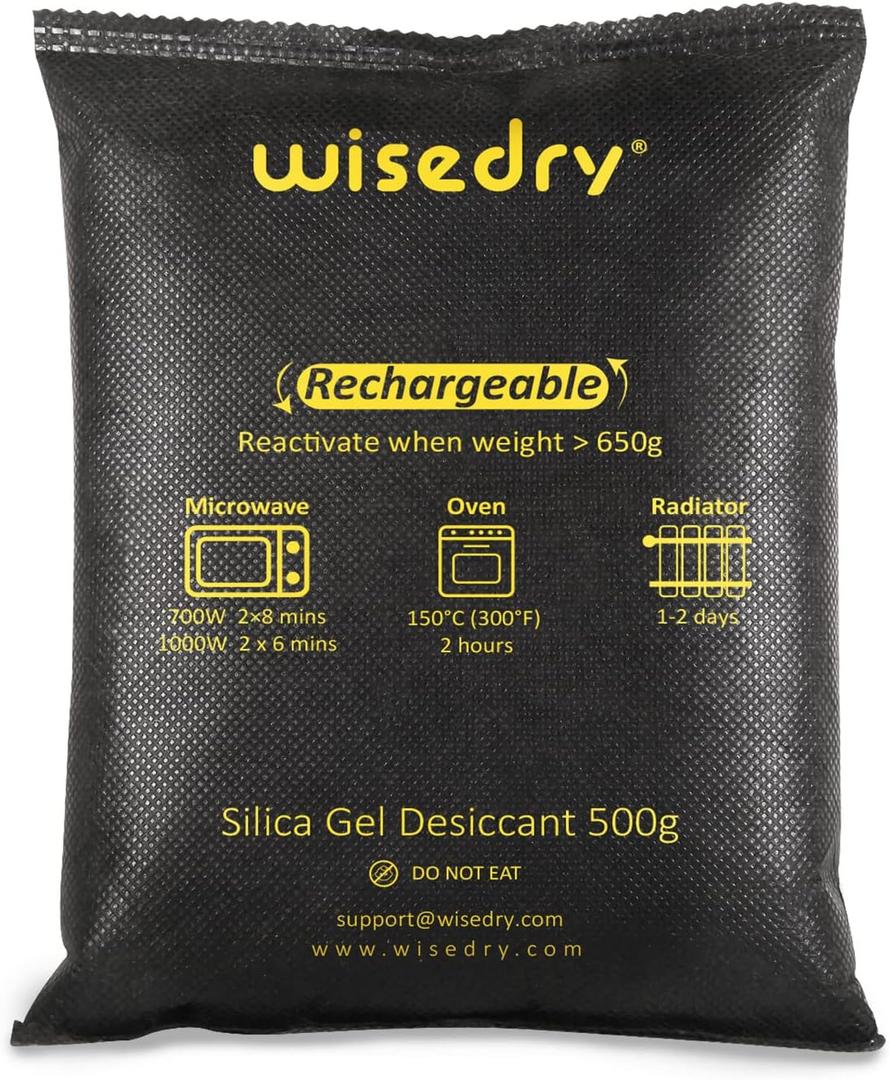 wisedry 2 x 500 Gram [2.2 lbs] Rechargeable Silica Gel Car Dehumidifier, Microwave Fast Reactivated Desiccant Packets Large for Gun Safe Closet Basement Garage Storage Moisture Absorber Bag Reusable
