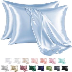 MR&HM Satin Pillowcase for Hair and Skin, Silk Satin Pillowcase 2 Pack, Queen Size Pillow Cases Set of 2, Silky Pillow Cover with Envelope Closure (20x30, Light Blue)