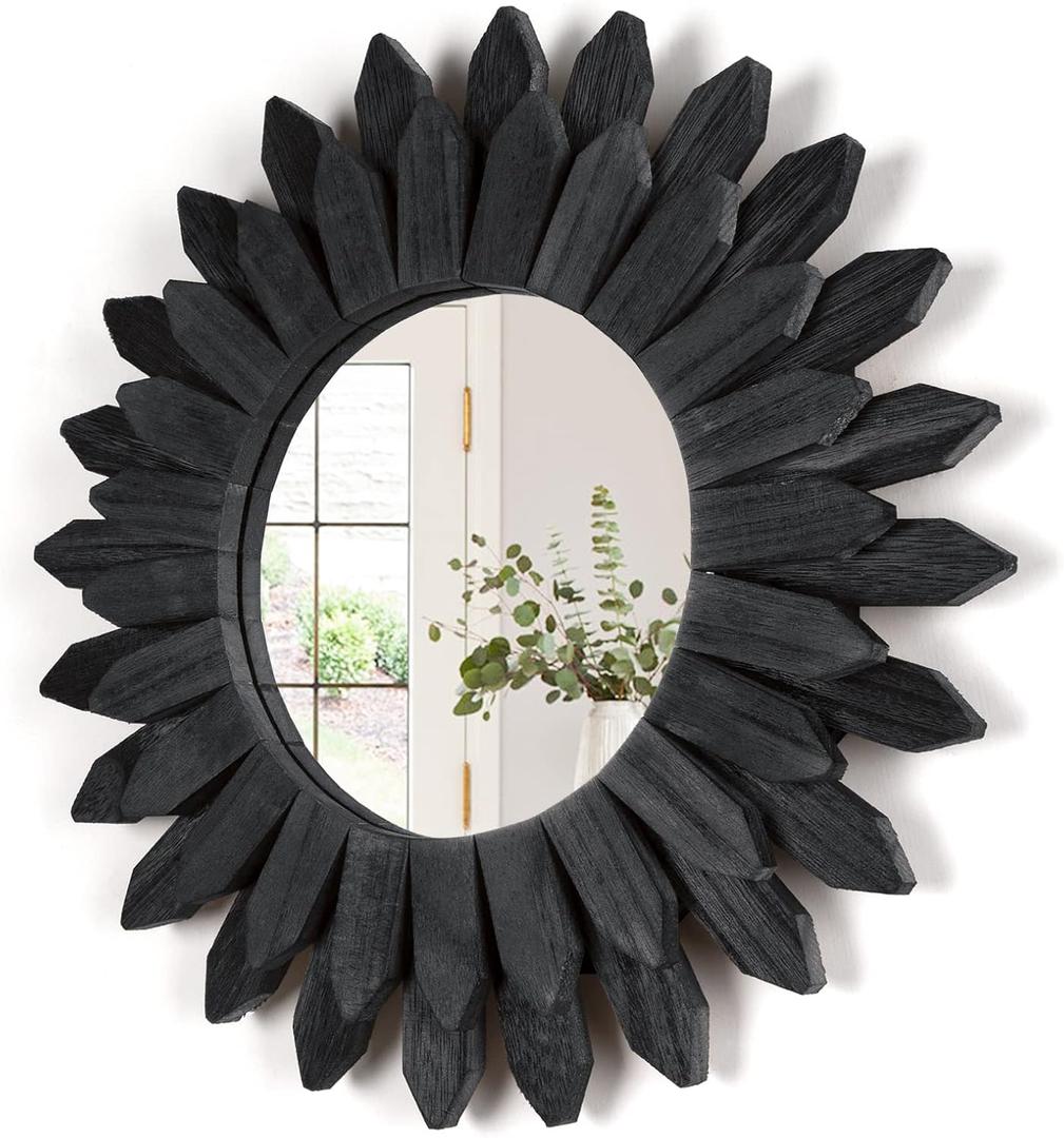 Honiway Black Wall Decor Wall Mirror 12 inch Boho Wall Decor Wood Decorative Mirror for Room Decor Home Decor for Bedroom Living Room Bathroom Kitchen Black