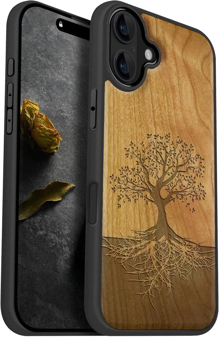 Carveit Magnetic Wooden Case for iPhone 16 Plus Case, Wood Artisan Engraved & Black Soft TPU Shockproof Cover, Compatible with MagSafe Wireless Chargers (The Yin Yang Tree) Cherry