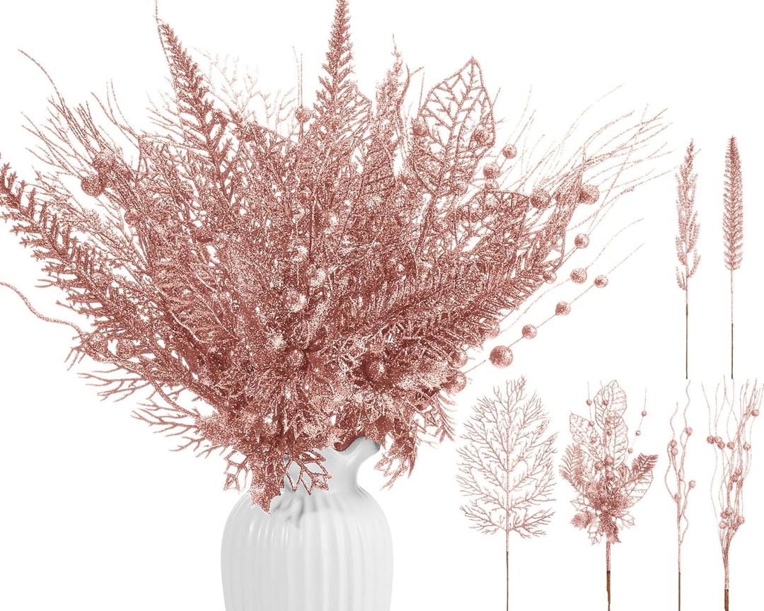 30 Pcs Artificial Valentines Picks and Sprays Glitter Berry Stem Branches Holly Floral Picks Twigs Christmas Tree Ornaments for DIY Valentines Wreath Vase Filler Decorations(Rose Gold)