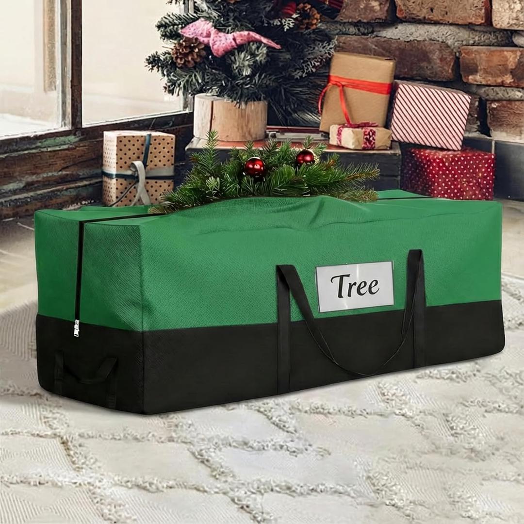 Christmas Tree Storage Bag, Fits Up 10-12 Ft Tall Artificial Trees-Heavy Duty Holiday Storage Box with Durable Reinforced Handles & Transparent Pocket- 600D Oxford Tree Storage Container, Green