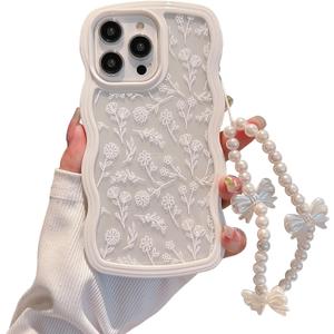 Dyale Compatible for iPhone 14 Case for Women Girls,Cute Curly Wave Wavy Frame Shape Shockproof Soft TPU 2 in 1 with Bow Bracelet Flower Floral Phone Cove for Women Girl