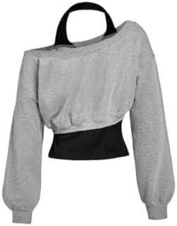 Women's Casual Sweatshirt Pullover Tops Asymmetrical Neck 2 In 1 Sweatshirt In Fall/Winter, Large