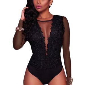 RARITYUS Women Sexy Lace Bodysuit Jumpsuit See Through Mesh Sleeveless/Long Sleeve Tops Swimsuit for Party Outfit (Large)