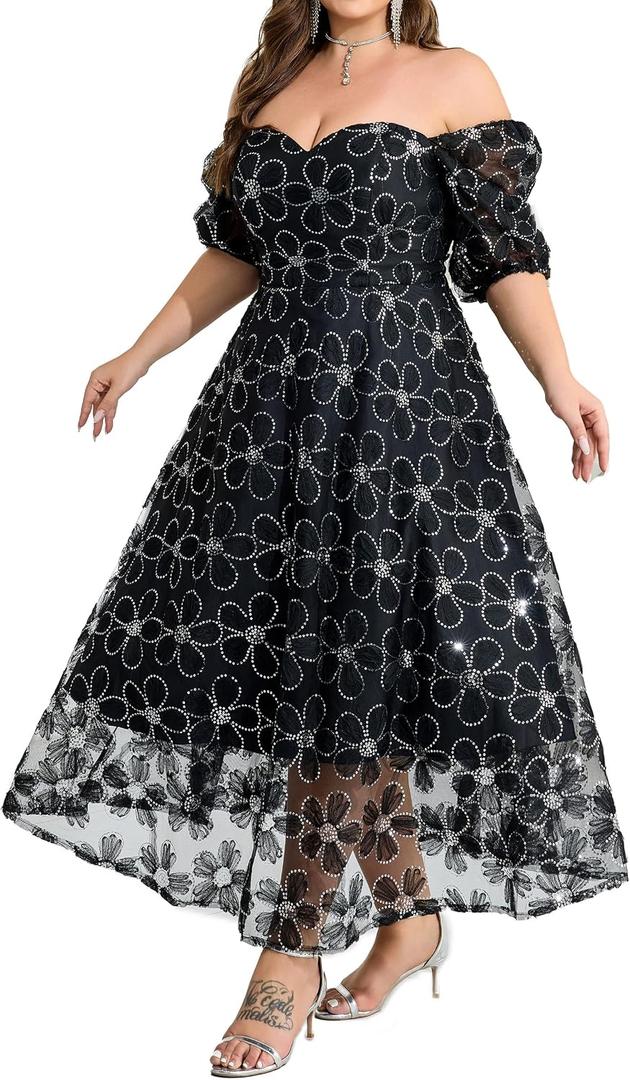 Women Plus Size V Neck Empire Waist Sequin Embroidered Lace Cocktail Dress (L)