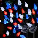 L LAMPOP 2 Pack C6 Strawberry String Lights, 50 LED Red White Blue Solar Powered Waterproof 8 Modes Outdoor Garden Patriotic Lights for 4th of July Decor
