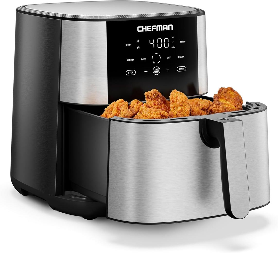Chefman Air Fryer 8 Qt | TurboFry 4-in-1 with 450F Hi-Fry Option for Crispier Results | Bake, Dehydrate, Frozen | XL Nonstick Dishwasher-Safe Basket | Stainless Steel