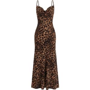 Floerns Women's Leopard Print Draped Collar Spaghetti Strap Cami Long Dress Brown XS