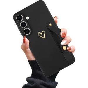 Compatible with Samsung Galaxy S25 Case for Women Girls, Cute Gold Love Heart Pattern with Wrist Hand Holder Stand Slim Soft Silicone Kickstand Protection Cover (Black)