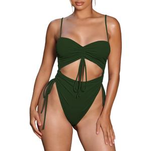 Viottiset Women's Cut Out Drawstring One Piece Swimsuit Cheeky High Cut Bathing Suit (Green, Large)