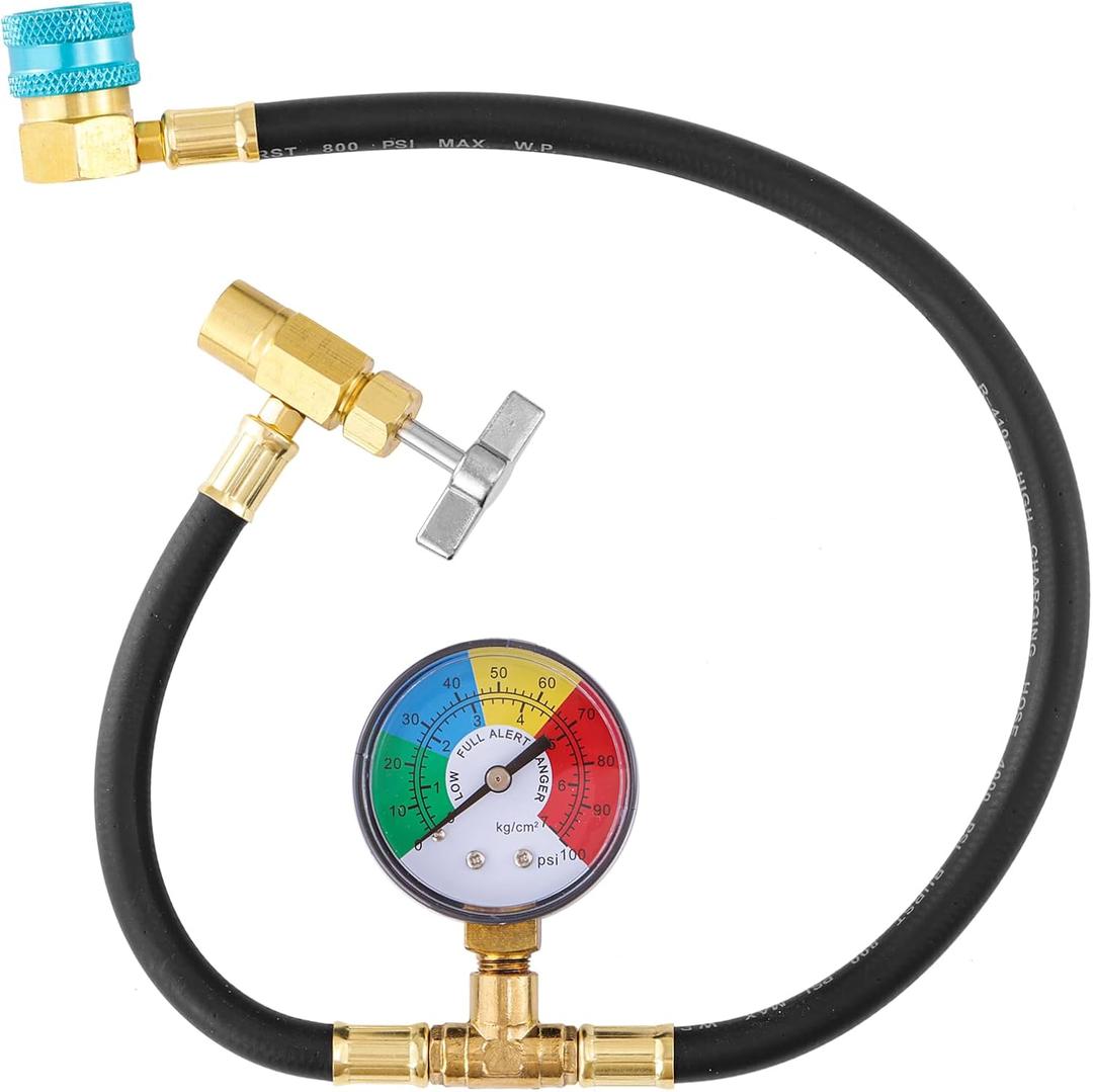 R1234YF Refrigerant Charge Hose Kit, R1234yf Refrigerant Gauge with R1234YF Self-Sealing Can Opener 1/2 LH, 90 Degree R1234YF Low Side Quick Coupler, 24'' AC Recharge Hose with Gauge