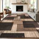 Modern Indoor Area Rug for Living Room, 8x10 Large Low Pile Geometric Patchwork Rug for Bedroom, Dining Room, Office, Hardwood Floors Home Decor, Non-Slip Faux Wool Machine Washable Area Rugs, Brown