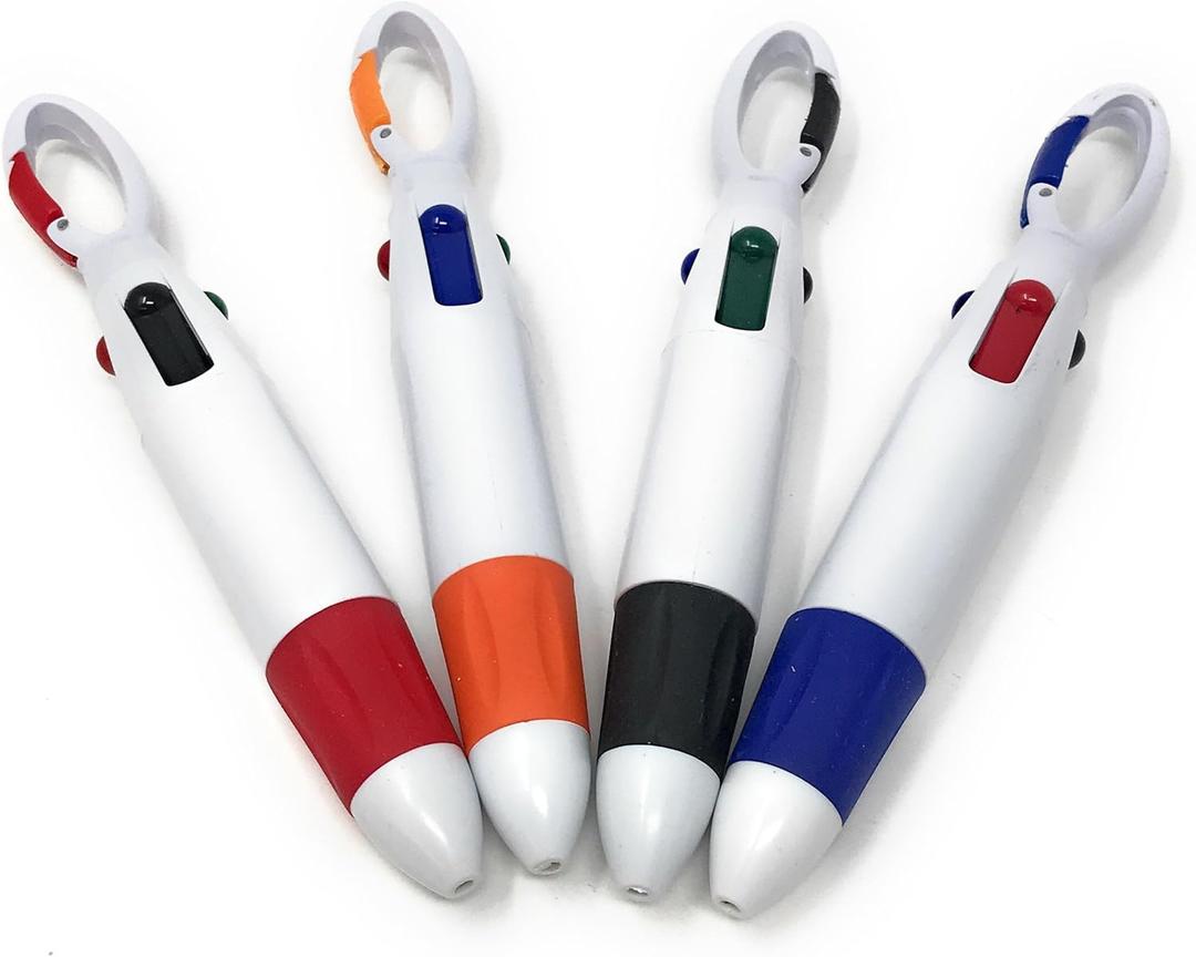20 Bulk Multi-Colored Ink Shuttle Pen with Carabiner Clip Assortment - Black, Blue, Red and Green Ink