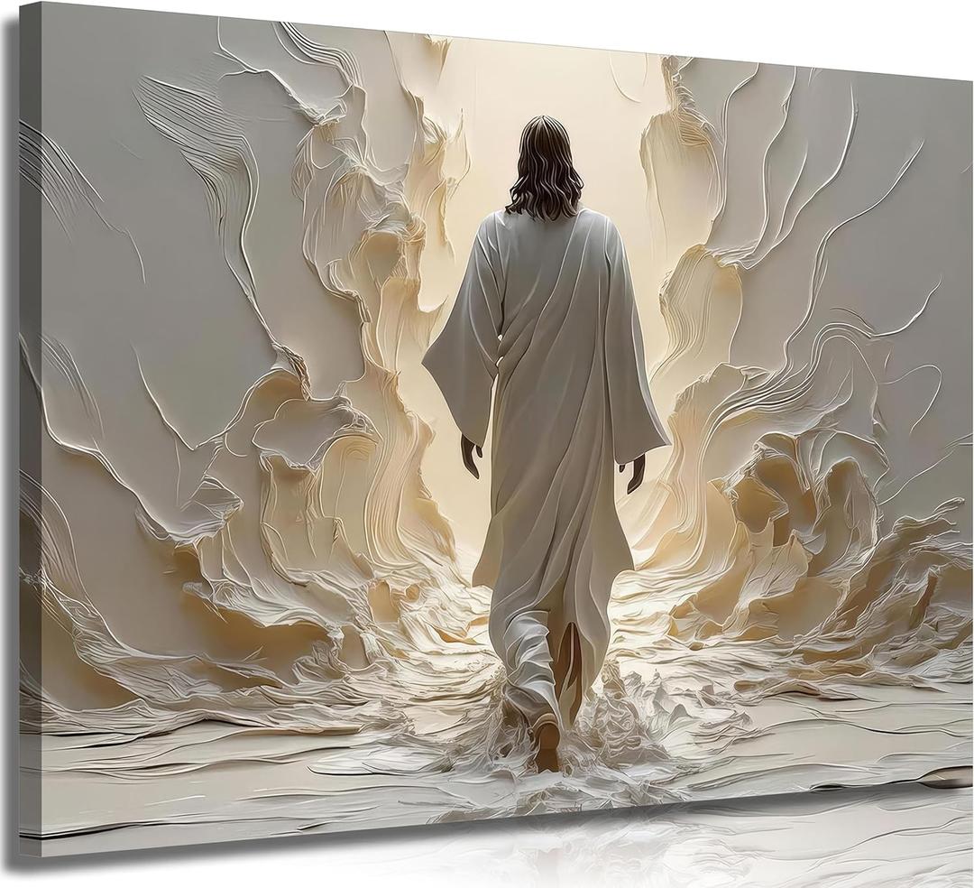 Jesus Walking on Water Canvas Wall Art Picture Christian Spiritual Poster Prints Abstract Jesus Divine Light Painting Modern Religious Wall Decor for Living Room Bedroom Church 16x24in Framed (Beige)