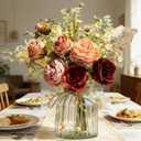 LSEING Fall Flowers Artificial with Vase for Centerpiece,Fake Silk Orange Rose Flower Arrangement in Glass Vase for Home Office Table Decoration (Orange)