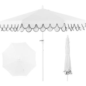JONATHAN Y UMB1002D Tracy 9 ft. Classic MidCentury Scalloped Fringe Market Patio Umbrella with Auto-Tilt, Crank, Wind Vent and UV Protection in White/Black, 108 inches diameter, 108 inches height