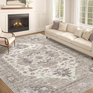 EIEIHOUSE Washable Area Rugs for Living Room - 10x14 Neutral Vintage Distressed Floral Farmhouse Boho Large Soft Floor Rug Indoor Non Slip Carpet for Living Room Bedroom Dining Room Office-Brown/Beige