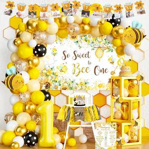 1st Birthday Decorations - Bumble Bee & Honey Bee Themed Party Pack, Includes Backdrop, Balloon Banner, Cake Topper, Crown, Box Cutouts
