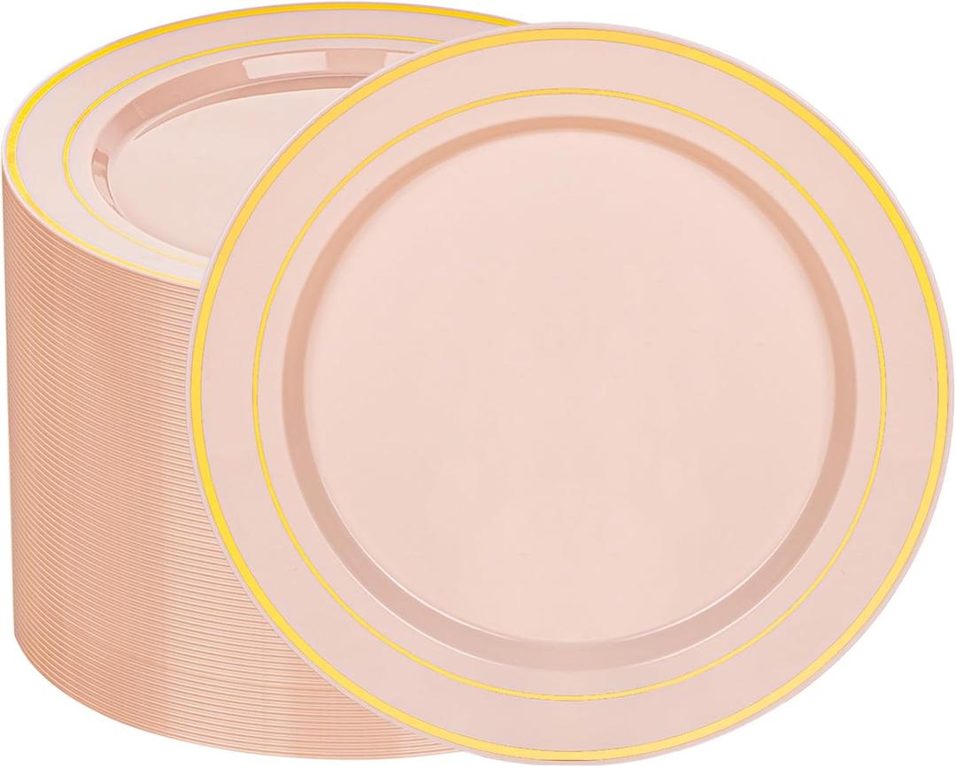 100PCS Pink Plastic Plates, 10 Inch Disposable Dinner Plate Party with Gold Rim, Heavy Duty Disposable Plastic Plates for Party, Wedding & Birthday & Monther's Day