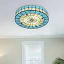Blue Tiffany Style Ceiling Light, Elegant Stained Glass Flush Mount Ceiling Light, Decorative Round Ceiling Lamp for Bedroom, Living Room (19.6")