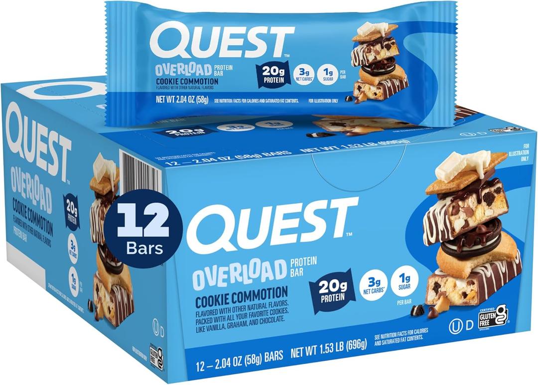Quest Nutrition Overload Protein Bars, Cookie Commotion, 20g Protein, 1g Sugar, 3g Net Carbs, Gluten Free, 12 Count, BBD: 05/11/2026
