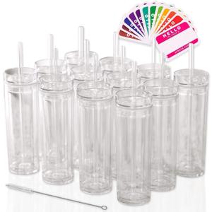 STRATA CUPS 12 Clear Skinny Tumblers with Lids and Straws | 16oz Reusable Cup Double-Wall Clear Tumbler with Lid and Straw, Durable Acrylic Tumblers With FREE Straw Cleaner & Name Tags