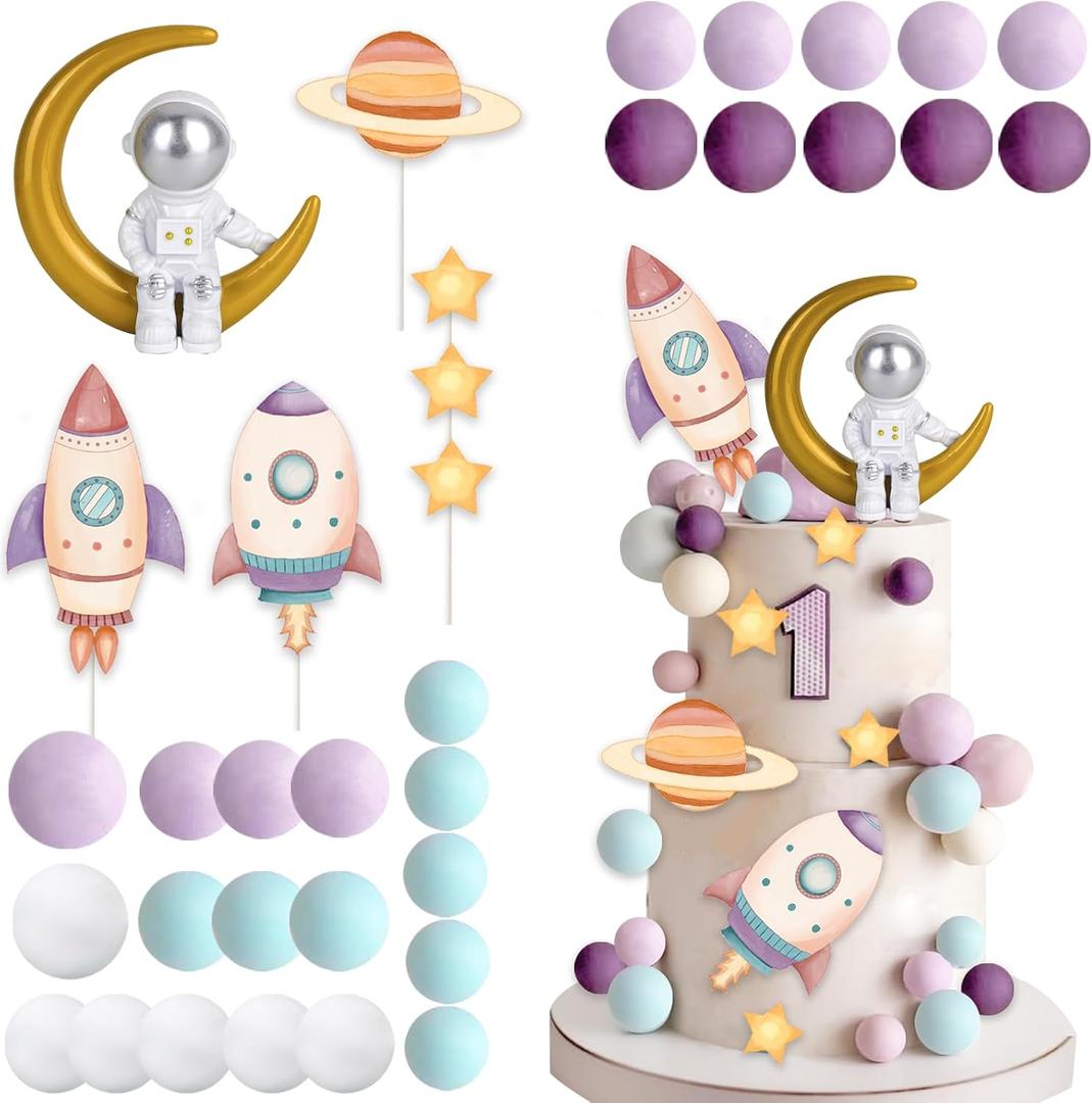 35Pcs Space Cake Topper Outer Space Astronaut Figurine Cake Decorations Planet Rocket Stars Pearl Balls DIY Cake Cupcake Toppers for Boys Girls Kids Space Themed Birthday Baby Shower Party Supplies